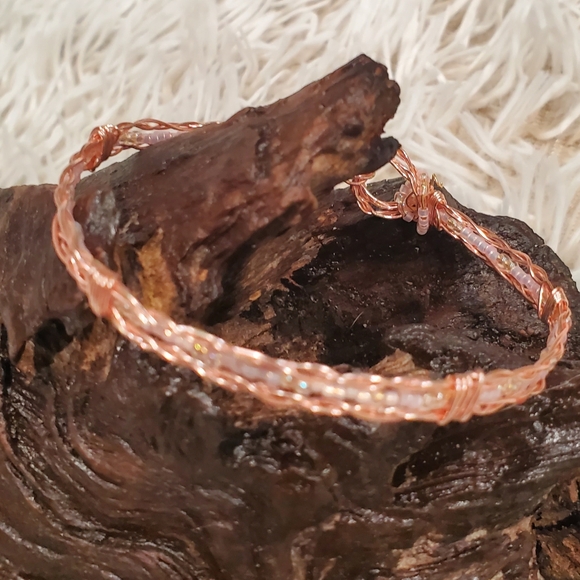 Two-Tone Wirewrapped Bracelet - Pink and Silver Wire Bangle - Stackable Bracelet - Picture 2 of 7